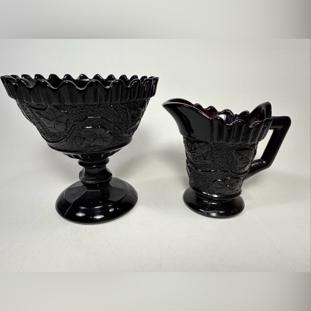 Vtg Mcm pressed amethyst Black Glass Creamer and footed Sugar Set